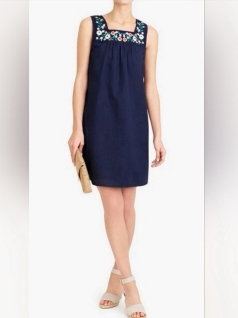 J. Crew Navy Emboidered Sleeveless Shift Dress Linen Cotton Blend Bohemian